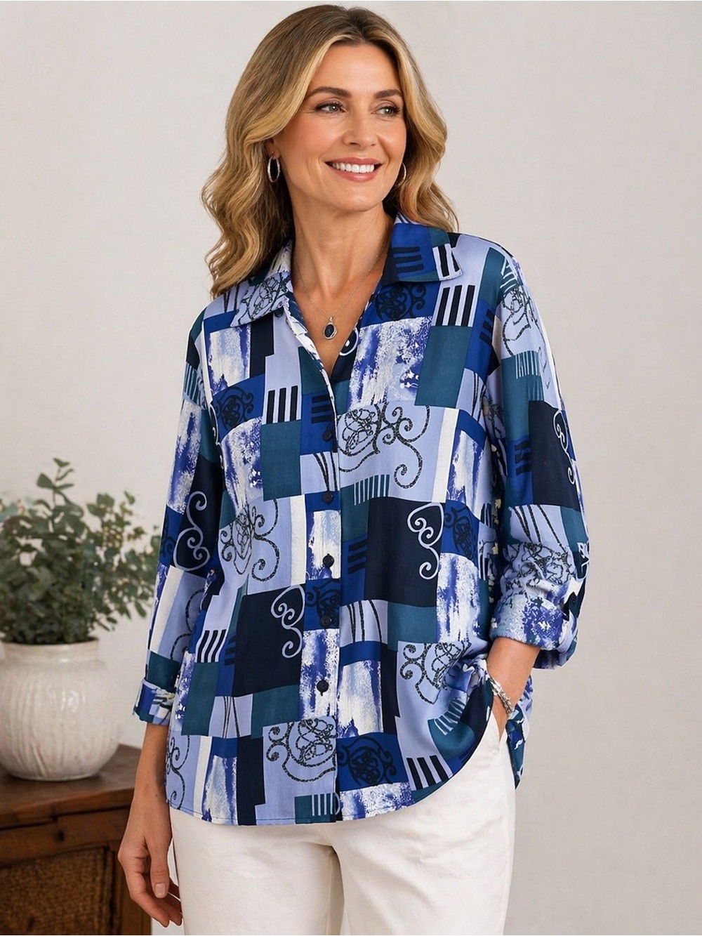 Classic Patchwork Print Button-Up Shirt - Blue